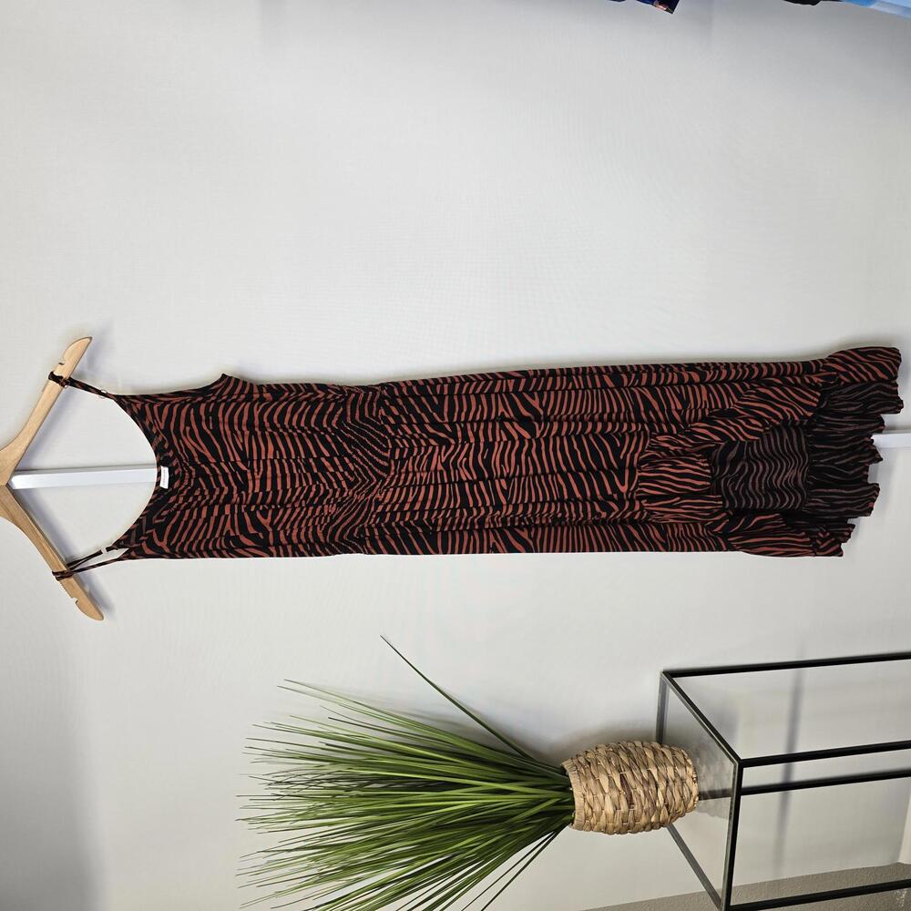 Lascana Womens Zebra Print High Low Ruffle Maxi Dress Rust Black Size 10 X30111